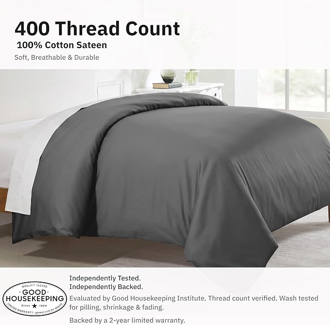 California Design Den Soft 100% Cotton Sateen Duvet Covers King, Grey | Duvet Cover Only, Comforter Not Included, Backed by Good Housekeeping Seal, Button Closure & Corner Ties