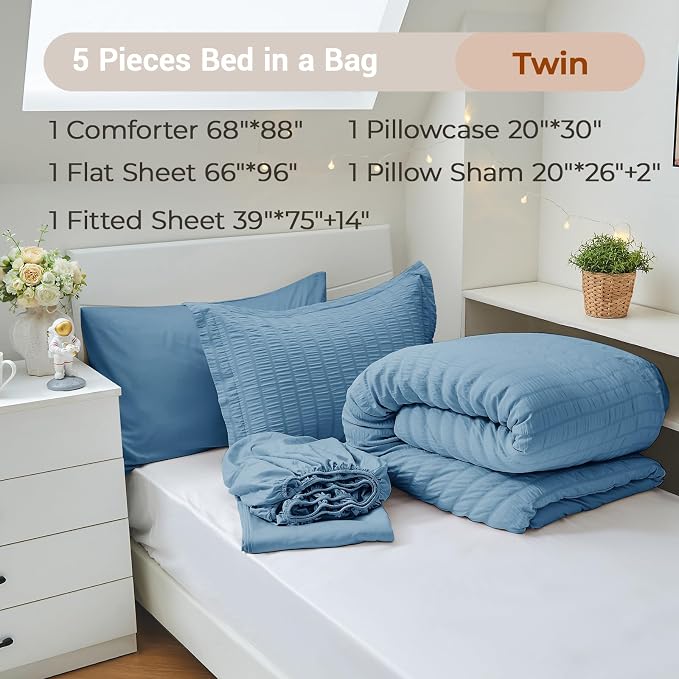 5 Pieces Twin Comforter Set, Seersucker Bed in a Bag Twin Size, All Season Luxury Bedding Set with Comforter, Flat Sheet, Fitted Sheet, Pillowcase & Sham, Mineral Blue