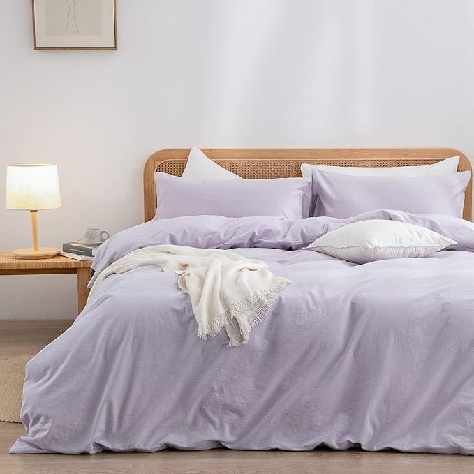 BESTOUCH Cotton Solid Duvet Cover Set Linen Feel Taro Purple Oversized Full | 100% Washed Cotton, Soft Wrinkle Texture, Hidden Zipper, 8 Ties, Breathable Lightweight Durable Comfy, 3 Pcs No Insert