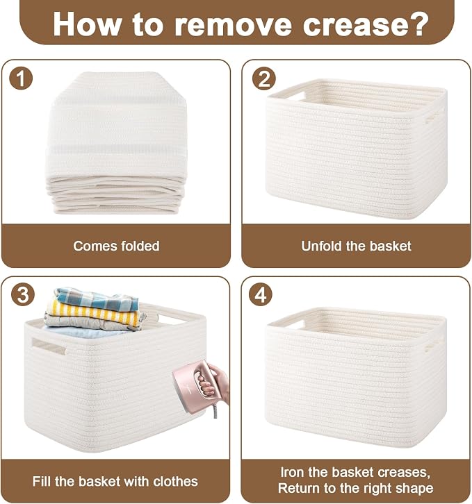 OIASKET 4Packs Natural Cotton Rope Storage Baskets for Organizing Toys, Clothes, Towels & Books, Soft Versatile Organizers for Shelves, Home Decorative Bins, 13''Lx9''Wx7.8''H, White