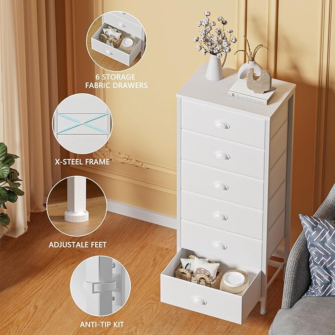 Furnulem White Dresser for Bedroom, 6 Fabric Drawers Chest of Drawers | Tall Skinny Dresser for Closet, Vertical Storage Tower Unit, Tall Nightstand for Dorm, Living Room, Metal Frame, Wooden Top