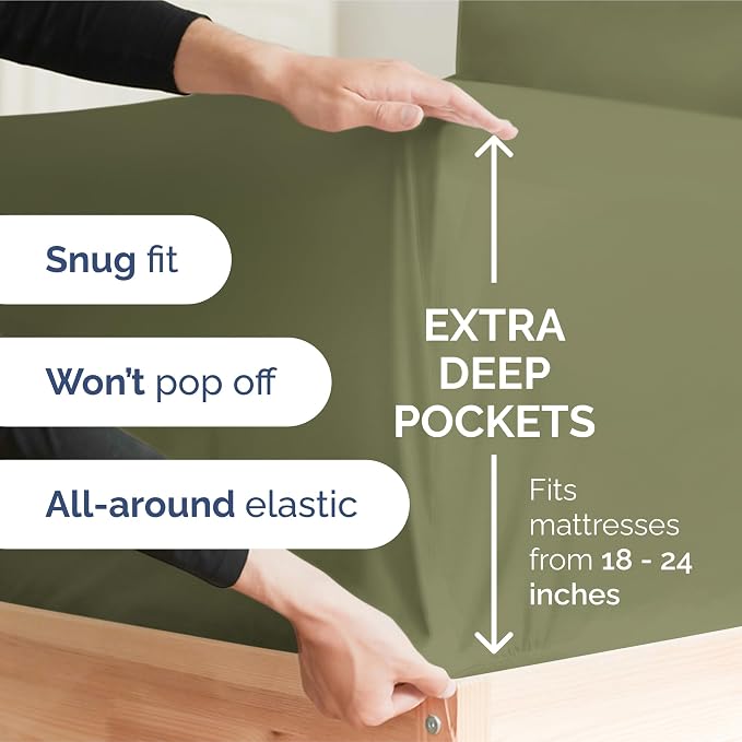 Extra Deep Split King Sheet Set - 5 Piece Breathable Cooling - Sage Green | Easily Fits 18 to 24 inch Mattress - Ultra Soft, Wrinkle & Fade Free with Extra Deep Pockets - Comfy Hotel Luxury Bedding