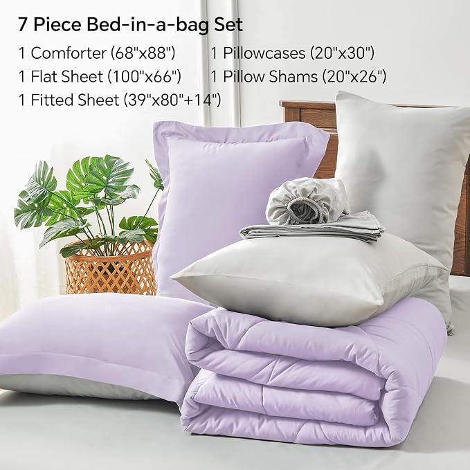 BEDELITE Twin XL Comforter Set 5 Pieces, Reversible Lavender Bed in A Bag | Soft All Season Down-Alternative Comforter, Sheets, Pillowcases & Shams, OEKO-TEX Certified Bedding for Drom Room, College