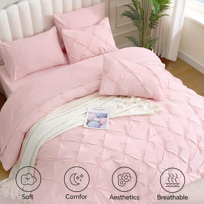 BEDELITE King Comforter Set Baby Pink,Lightweight & Soft Comforter | 7 Pc Boho Bed in a Bag,Warm & Cute Bed Set for All Season,Includes Comforter,Flat & Fitted Sheets,2 Pillowcases & 2 Shams