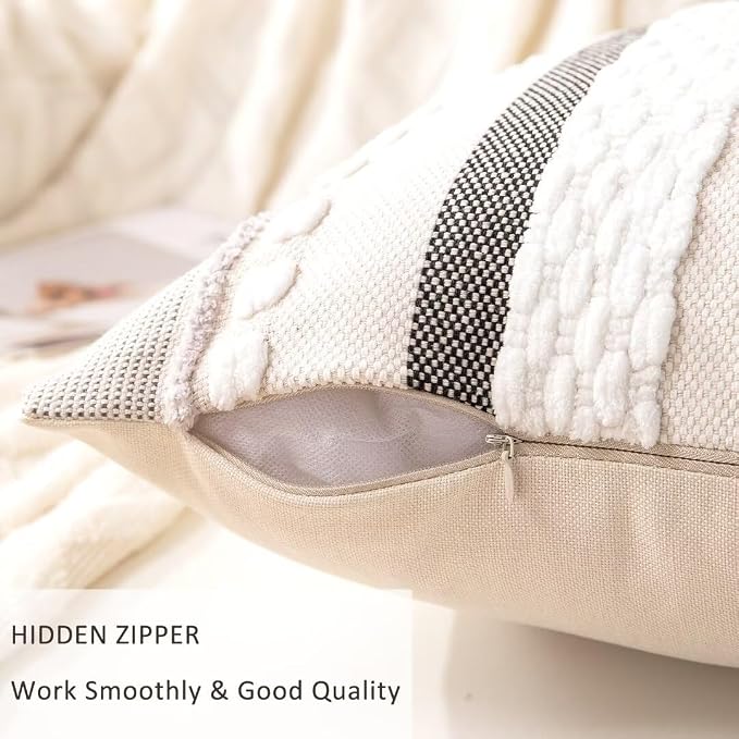 Boho Throw Pillow Covers Decorative Neutral Farmhouse Pillow case | 18x18 Set of 2 Cushion Case Striped Square Pillows Cover Couch Pillow Cases Accent Pillowcase for Sofa Bed,White