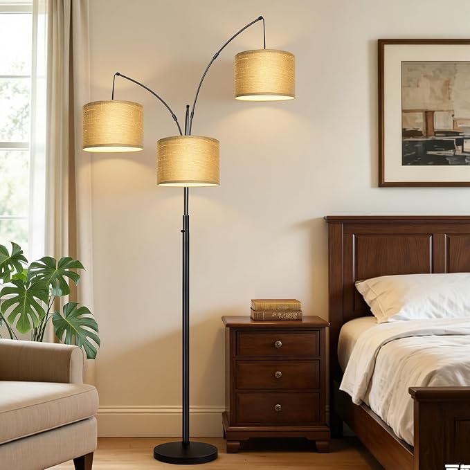 Nintiue Dimmable Floor Lamp - 3 Lights Gold Arc Floor Lamps for Living Room, 1000LM Modern Tall Standing Lamp with Black Shades&Heavy Base,3 LED Bulbs Included-Champagne
