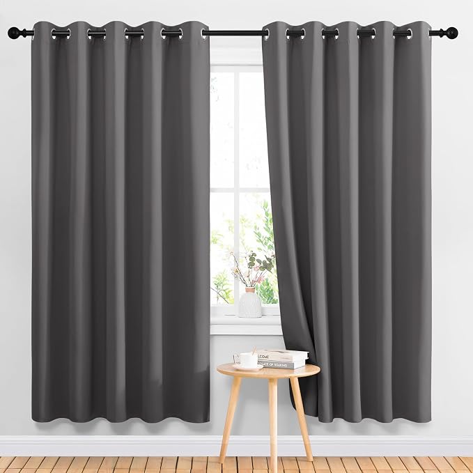 NICETOWN Gray Blackout Curtains for Living Room 66" w x 70" L 2 Panels | 3 Pass Microfiber Noise Reducing Thermal Insulated Solid Ring Top Window Drapes, Light Blocking for Bedroom Kitchen Decor