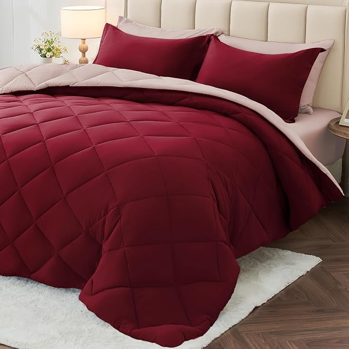 7 Pieces Full Comforter Set, Reversible Bed in a Bag Full Size, All Season Bedding Set with Comforter, Flat Sheet, Fitted Sheet, Pillowcases & Shams, Burgundy & Rose Gold