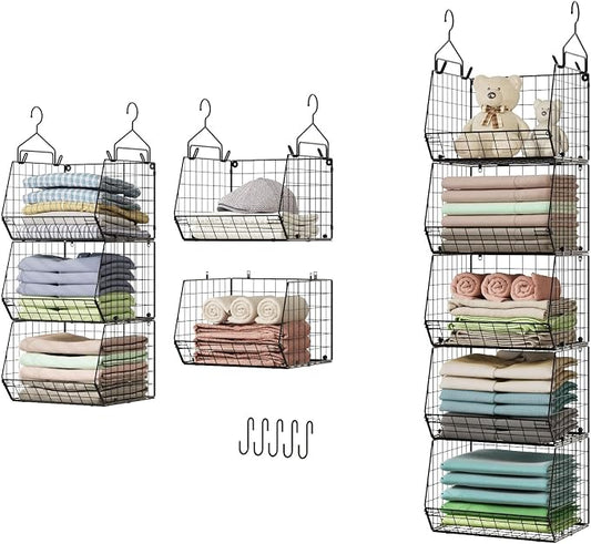 X-cosrack 5 Tier Closet Hanging Organizer, Clothes Hanging Shelves with 4 Hanging Hooks 5 S Hooks, Wire Storage Basket Bins, for Clothing Sweaters Shoes Handbags Clutches Accessories Patent Design