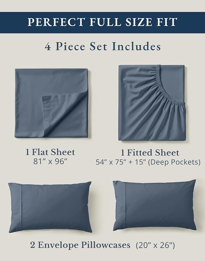 LANE LINEN Full Size Bed Sheet Set 100% Organic Cotton 4pc - Estate Blue | Pure Long-Staple Organic Cotton Full Sheet Set - Easy-Care Machine Washable, Breathable For Year-Round Sleep