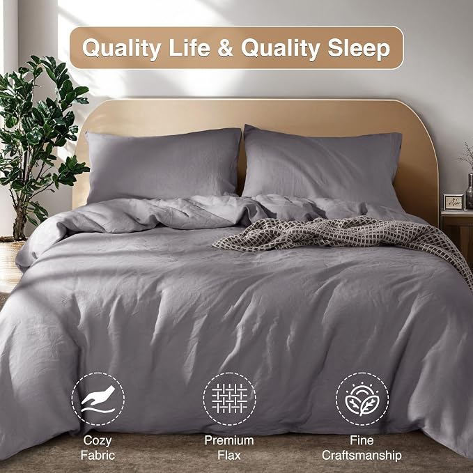 SONORO KATE 100% French Linen Full Duvet Cover Set,Zipper Closure,3PC | Natural French Flax,Soft Breathable for Hot Sleepers,Moisture Wicking & Durable,4 Corner Ties,Dark Grey