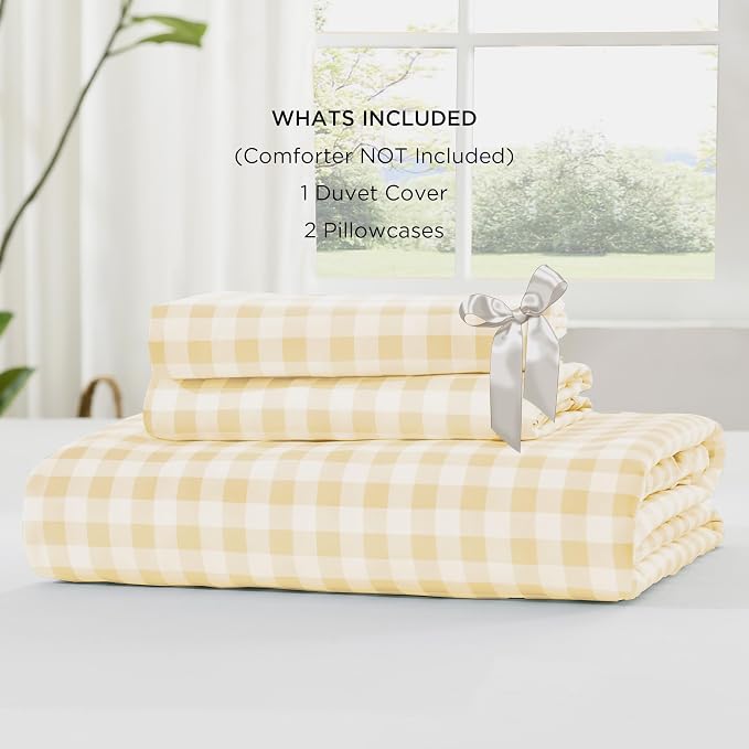 Andency Yellow Gingham Duvet Cover Queen, Ruffle Shabby Bedding Set 3 Pcs | Farmhouse Soft Pre-Washed Polyester Comforter Cover with Zipper Closure & Corner Ties, 90x90Inch