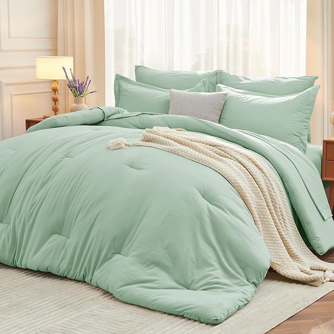 7 Pieces Queen Comforter Set, Soft Bed in a Bag Queen Size, All Season Bedding Set with Comforter, Flat Sheet, Fitted Sheet, Pillowcases & Shams, Sage Green