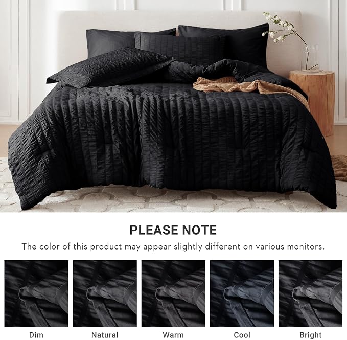 7 Pieces Oversized King Comforter Set, Seersucker Bed in a Bag Oversized King Size, All Season Luxury Bedding Set with Comforter, Flat Sheet, Fitted Sheet, Pillowcases & Shams, Black