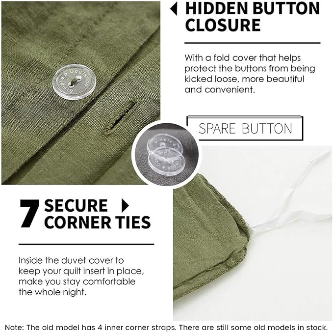 Simple&Opulence 100% Linen Duvet Cover Set 3pcs Basic Style Natural French Washed Flax Solid Color Soft Breathable Farmhouse Bedding with Button Closure - Olive Green, Queen