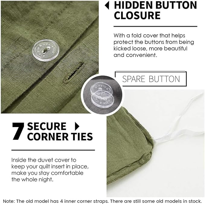 Simple&Opulence 100% Linen Duvet Cover Set 3pcs Basic Style Natural French Washed Flax Solid Color Soft Breathable Farmhouse Bedding with Button Closure - Olive Green, King