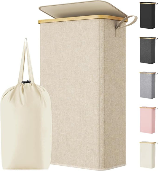 Lifewit 75L Slim Laundry Hamper with Lid, Narrow Laundry Basket with Removable Bag & Bamboo Handles, Fodable Thin Dirty Clothes Hamper for Laundry Collapsible Bin for Bathroom Bedroom Dorm, Beige