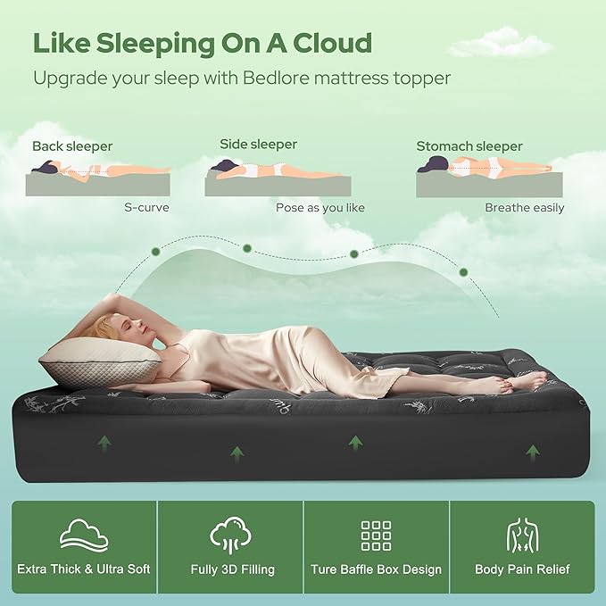 BEDLORE Full Size Mattress Topper Viscose Bamboo, Pillow Top Mattress Pad | Stretchable Pockets Fit 6"-15" Mattress, Soft Breathable Thick Mattress Topper for Back Pain Relief & Hot Sleepers(Dark Gray)