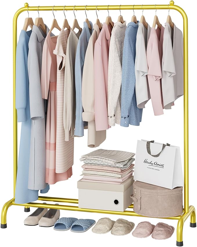 Clothing Clothes Rack with Storage Shelf, 45" L Standard Garment Rack for Hanging Clothes, Metal Portable Wardrobe Rack for Laundry Room, Bedroom, Gold