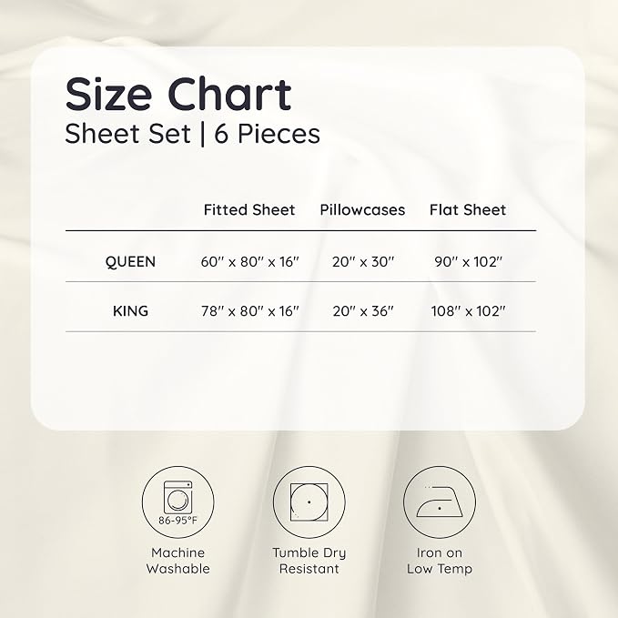 Bambaw King Size Cooling Sheets Set 6pcs - 100% Viscose Derived from Bamboo Sheets Deep Pocket, Fits Up to 16'' with Elastic Corner Straps, King Size Soft Sheets, Breathable Sheets (White)