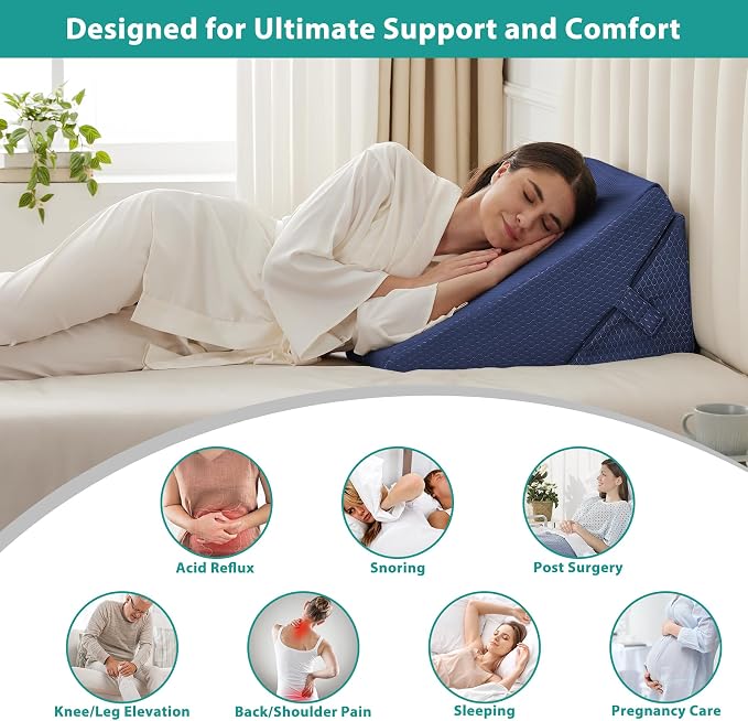 Wedge Pillow for Sleeping, Adjustable 9&12 Inch Foldable Bed Wedge Pillow Set, Orthopedic Memory Foam Triangle Pillows Wedge, 7-in-1 Elevated Pillows for Leg and Back Support, Navy