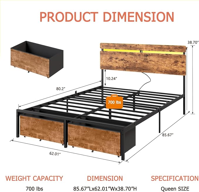 Forestell Queen Bed Frame with Wood Headboard,2 Storage Drawers & Shelf | Built-in Charging Station & LED Lights, Metal Support, No Box Spring Needed, noise-free, easy assembly, Smart RGB, USB+Type-C