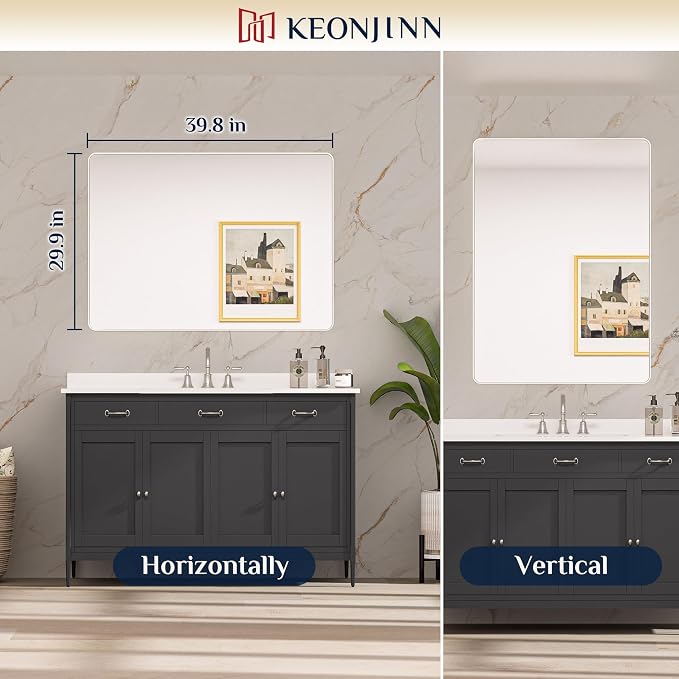 Keonjinn 40 x 30 Inch Brushed Nickel Bathroom Vanity Mirror, Tempered Glass | Silver Bathroom Mirrors for Over Sink, Rounded Rectangle Vanity Mirror, Rust-Resistant Aluminum Frame, French Cleat Mount