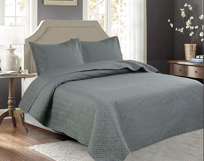 Legacy Decor 3 PCS Squared Stitched Pinsonic Reversible All Season Bedspread Quilt Coverlet Oversized, Queen Size, Grey Color