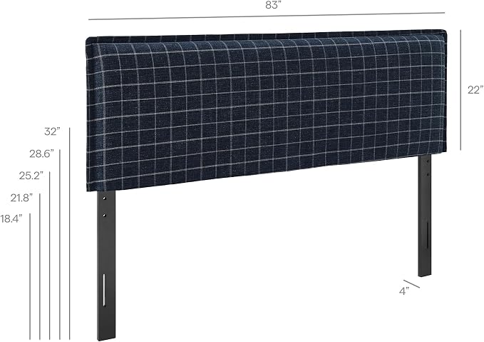 Modway Camille King Size Checkered Linen Blend Plaid Headboard with Removable Slipcover – in Denim Windowpane Check - Padded Pillow Style Headboard with Adjustable Mounting for King Beds