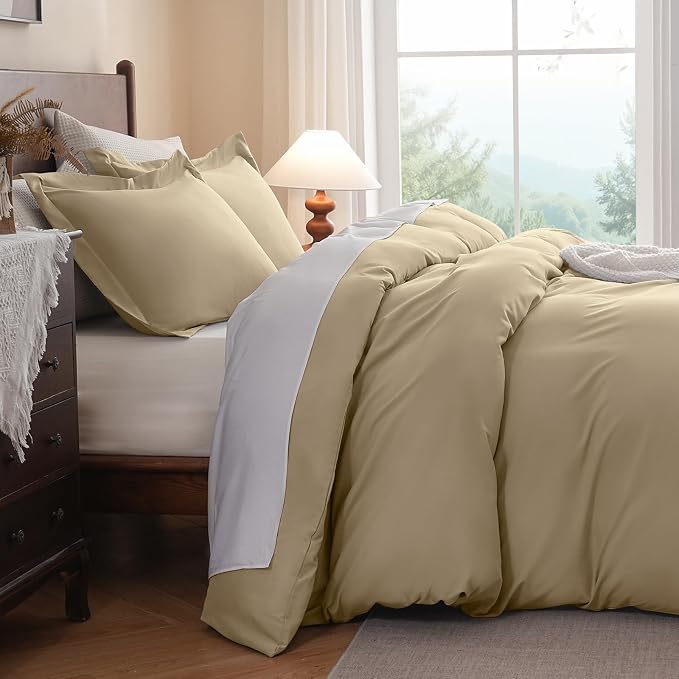 FreshCulture California King Duvet Cover - 3 Pieces Microfiber Duvet Cover Set with Zipper Closure - Lightweight & Easy Care - 1 Comforter Cover & 2 Pillow Shams - Comforter Not Included (Beige)