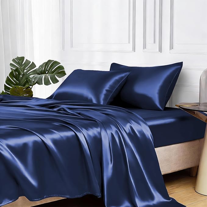 MR&HM Satin Sheets Full Size with Elastic Corner Straps, Navy Blue | Similar to Silk, 4-Piece Silky Soft Bed Sheet Set, Gentle on Skin and Hair, 15" Deep Pocket, Cooling & Breathable