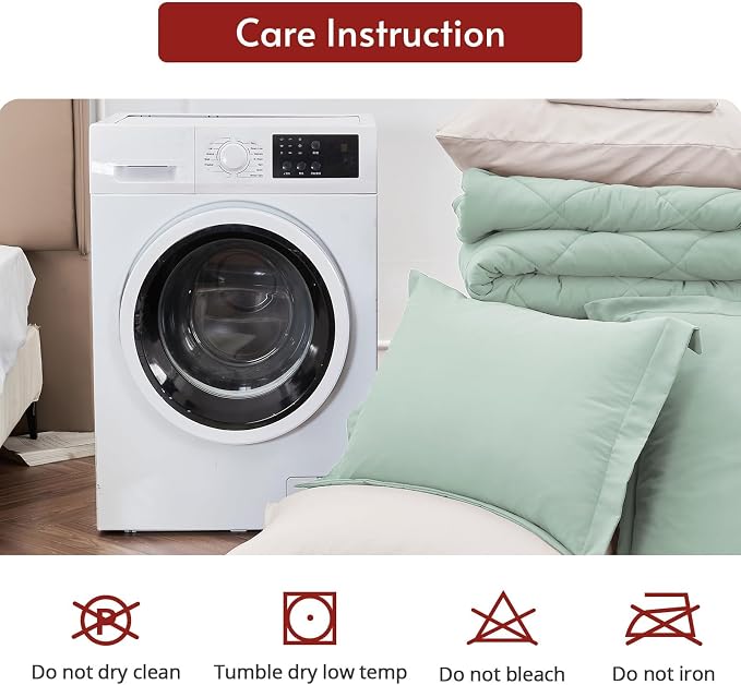 5 Pieces Twin Comforter Set, Reversible Bed in a Bag Twin Size, All Season Bedding Set with Comforter, Flat Sheet, Fitted Sheet, Pillowcases & Shams, Sage Green & Beige