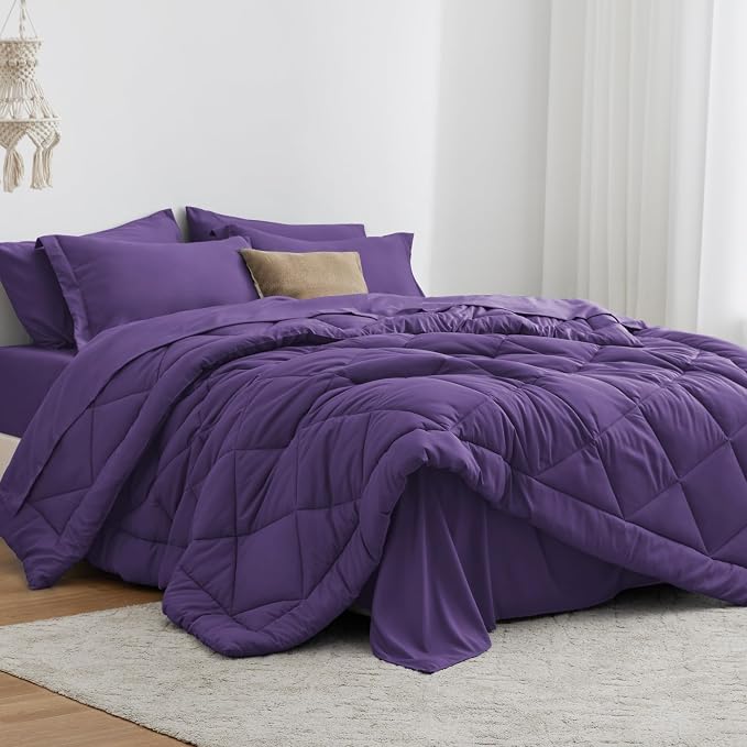 Love's cabin Oversized Queen Comforter Set, 7 Pieces Bed in a Bag, All Season Bedding Sets with 1 Comforter, 1 Flat Sheet, 1 Fitted Sheet, 2 Pillowcase and 2 Pillow Sham, Purple
