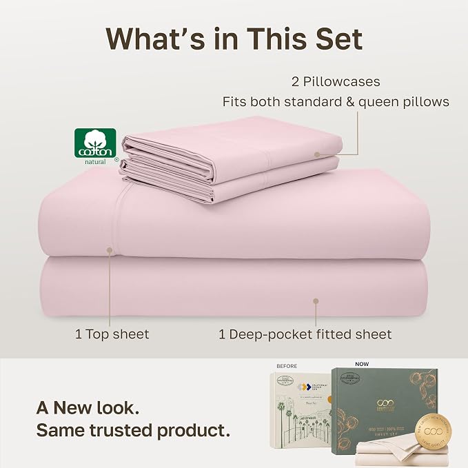 California Design Den 600 Thread Count Cotton Full Size Sheet Sets, Pink | 100% Cotton Sateen Backed by Good Housekeeping Seal, Soft & Smooth, 16" Deep Pocket, All-Around Elastic, Durable, Easy Care