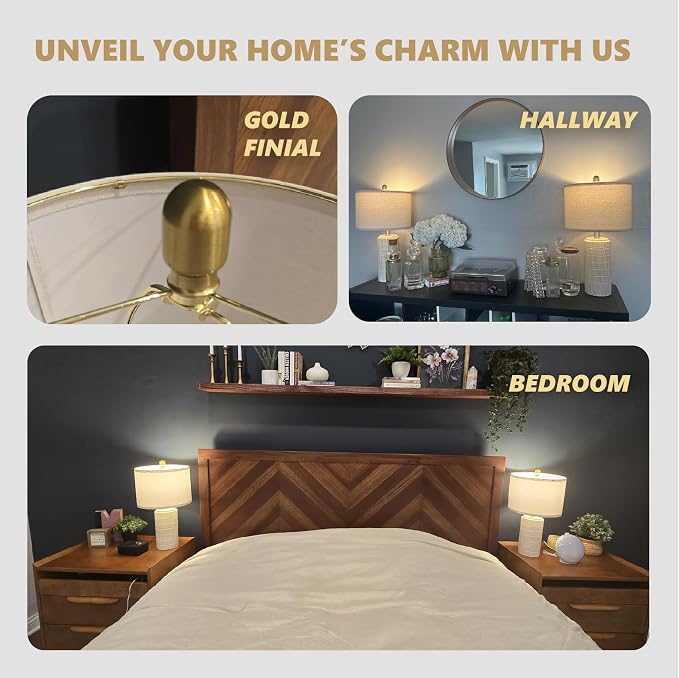 PoKat 20.75" Small Modern Ceramic Table Lamps Set of 2 for Bedroom, White | Bedside Lamps for Nightstands, Farmhouse Home Decor, End Table & Desk Light, Ideal Housewarming New Home Gift for Women Mom