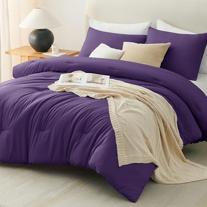 Full Comforter Set, 3 Pieces Down Alternative Bedding, Purple | 270 GSM All Season Comforter with 4 Corner Ties for Use as a Duvet Insert, OEKO-TEX Certified, 2 Pillowcases, 82 x 86 in