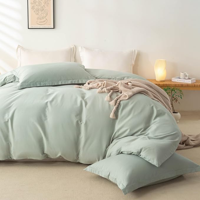OAITE Duvet Cover Set 100% Washed Cotton Solid 3pcs | Soft,Durable,Long-staple Cotton,Hidden Zipper with 8 Interior Corner Ties,2 Pillowcases