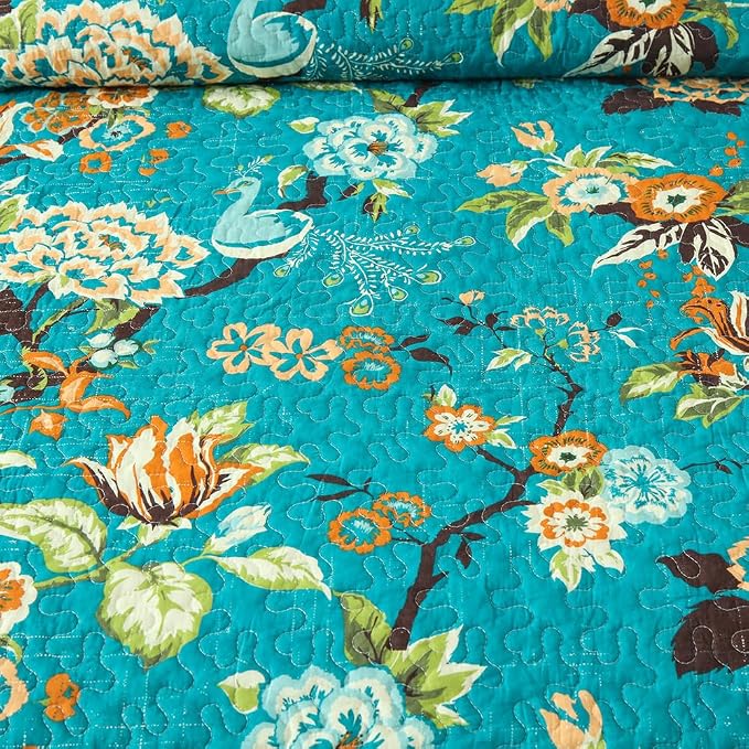 ENASAL Cotton Bedspread Quilt Sets Reversible Bedding Coverlet Sets Comforter, Vintage Floral with Peacock Pastoral Turquoise Bedspread, King Size