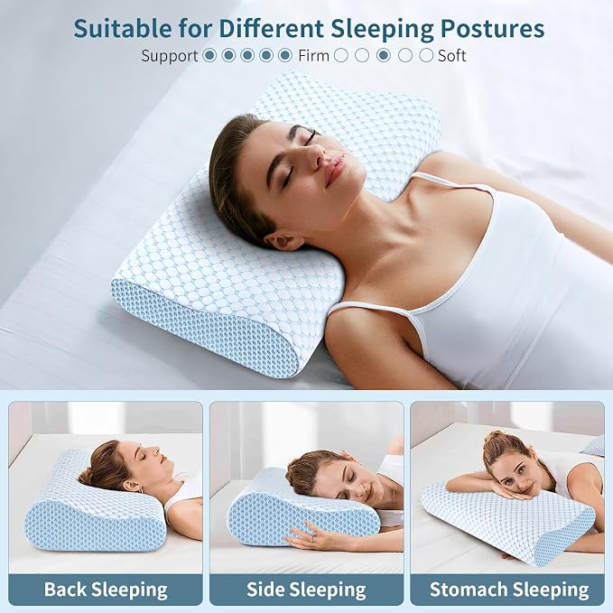 Cervical Pillow for Neck Pain Relief, Contour Memory Foam Pillows for Sleeping, Ergonomic Pillow Cooling Pillow Bed Pillow Neck Support for Side Back Stomach Sleepers (Blue, Queen Size)