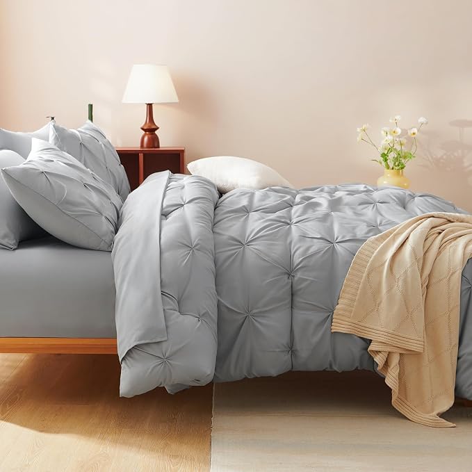 HIMEET King Size Comforter Set Light Grey - 7 Pieces Pintuck Bed in a Bag | OEKO-TEX Certified, 240GSM Down Alternative Comforter, 14" Deep Pocket Fitted Sheet + Flat Sheet + 2 Pillowcases + 2 Shams