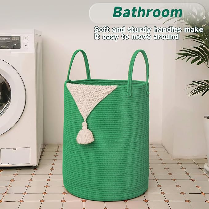 JMvicyroam 60L Cotton Rope Laundry Basket Hamper, Dark Green | Collapsible laundry basket, reinforced handles, freestanding, machine washable, holds 3-5 thick blankets, clothes or toys