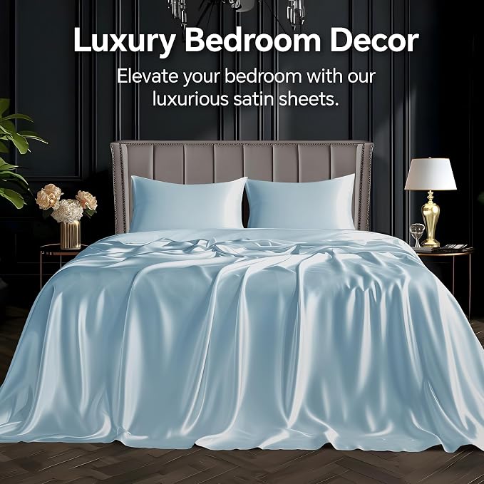 BEDELITE Satin Sheets King Size Bed Set, Light Blue, 4 Pieces | Luxury Silky Bed Sheets, 15 Inch Deep Pocket, Similar to Silk, Soft and Cooling, Reduces Friction, Gentle on Hair and Skin