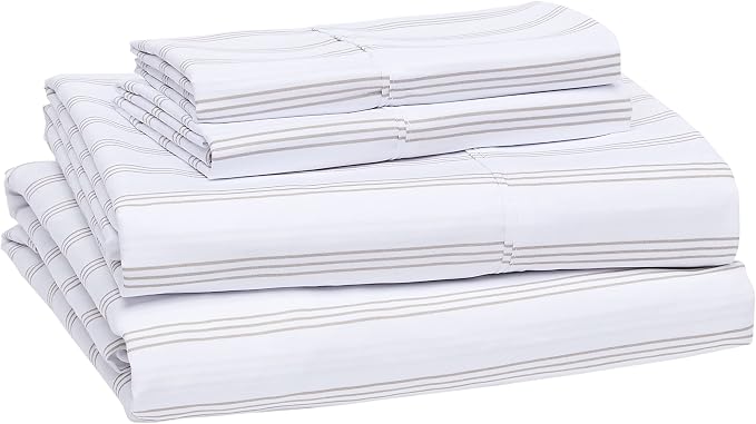 Amazon Basics Lightweight Breathable Brushed Microfiber 4-Piece Bed Sheet Set, Wrinkle Resistant with 14-Inch Deep Pockets, Queen, Taupe Stripe