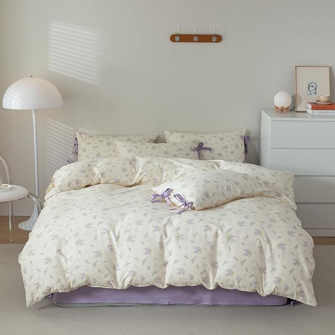 mixinni Lavender Flower Duvet Cover King Cotton Teenage Girls Flower Leaf Print 3pc Soft Cottage Ribbon Bedding Set Comforter Cover with Bowknot Pillowcase Perfect for Girls- (3pcs, King Size)