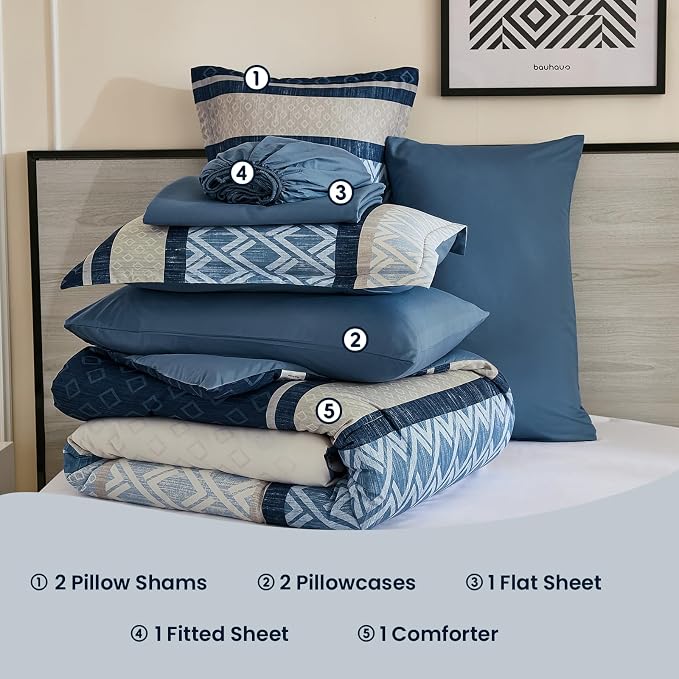 Cottolester Full Comforter Set 7 Pieces Blue Boho Striped Bed in a Bag | Plaid Comforter Set,Soft Microfiber Complete Bedding Set,All Season