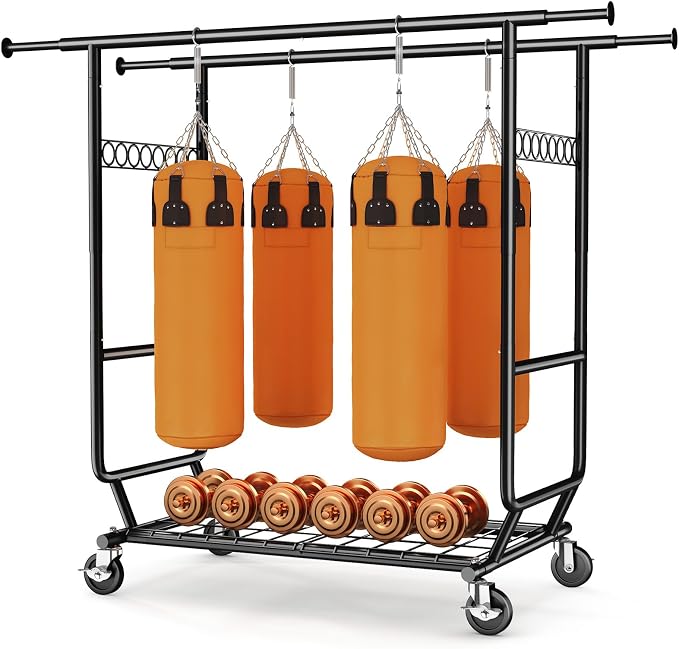 HOKEEPER Clothes Rack Load 650 LBS Collapsible Clothing Rack Double Rod | Black 22"D*75"W*68"H, Adjustable Heavy Duty Garment Rack for Hanging Clothes Rolling Commercial Closet Rack with Shelves