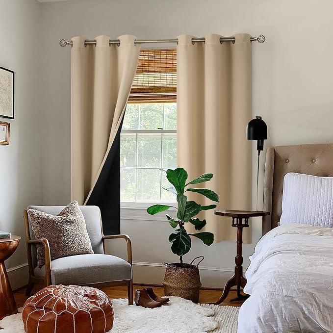 BGment Thermal Insulated 100% Blackout Curtains for Bedroom with Black Liner, Double Layer Full Room Darkening Noise Reducing Grommet Curtain (38 x 63 Inch, Beige, 2 Panels)