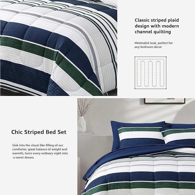 Monbix Full Size Comforter Sets - 7 Pieces Bed in a Bag Full Bedding Set | All Season Indigo Blue Striped Reversible Soft Comforter Bed Set with Sheets, Pillowcases & Shams