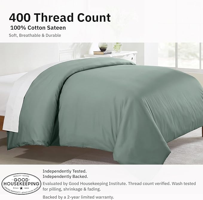 California Design Den 100% Cotton Sateen Twin XL Duvet Cover, Sage Green | Duvet Cover Only, Comforter Not Included, Backed by Good Housekeeping Seal, Button Closure & Corner Ties
