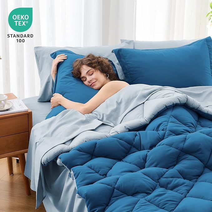 7 Pieces Queen Comforter Set, Reversible Bed in a Bag Queen Size, All Season Bedding Set with Comforter, Flat Sheet, Fitted Sheet, Pillowcases & Shams, Teal & Lake Blue